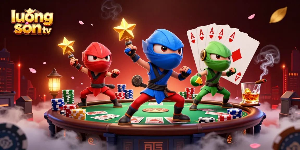 Lương Sơn TV delivers a vibrant, energetic poker scene featuring ninja chameleons and vivid elements of casino gaming.