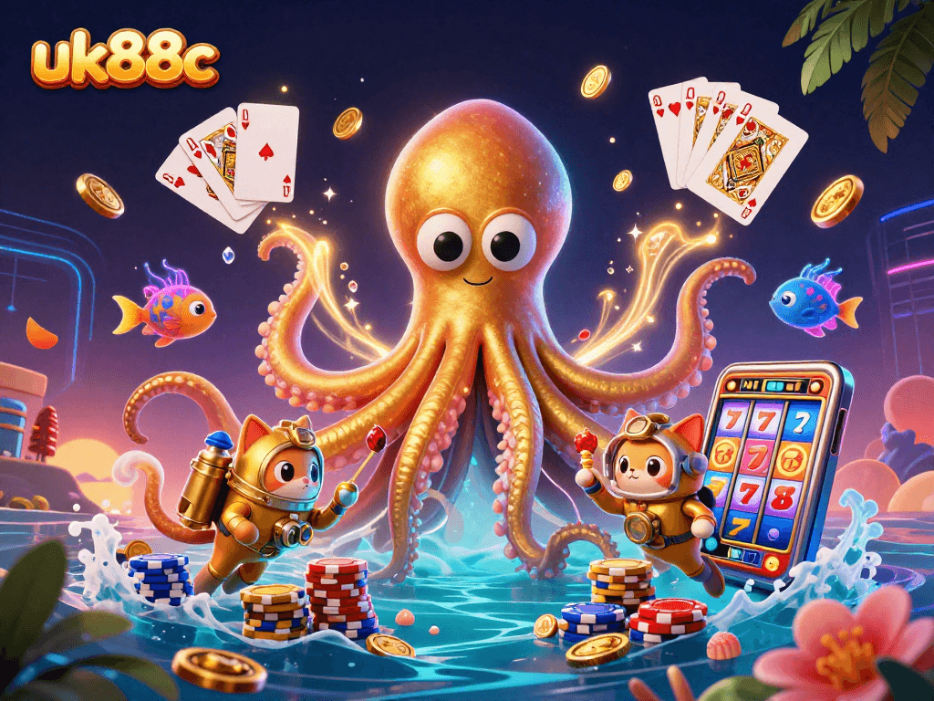 Experience gaming excitement with uk88c’s immersive 3D illustration of a kraken and diving cat.