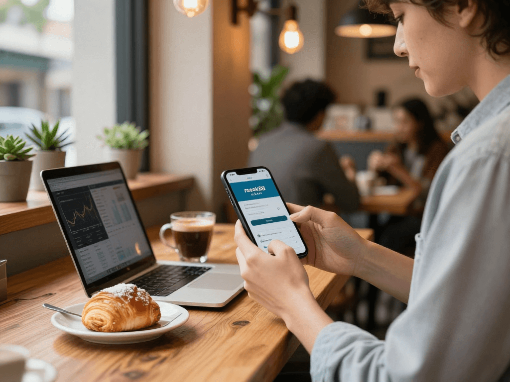 Individual engaged in rokok88 daftar process in a cozy coffee shop, enjoying coffee and browsing financial information.
