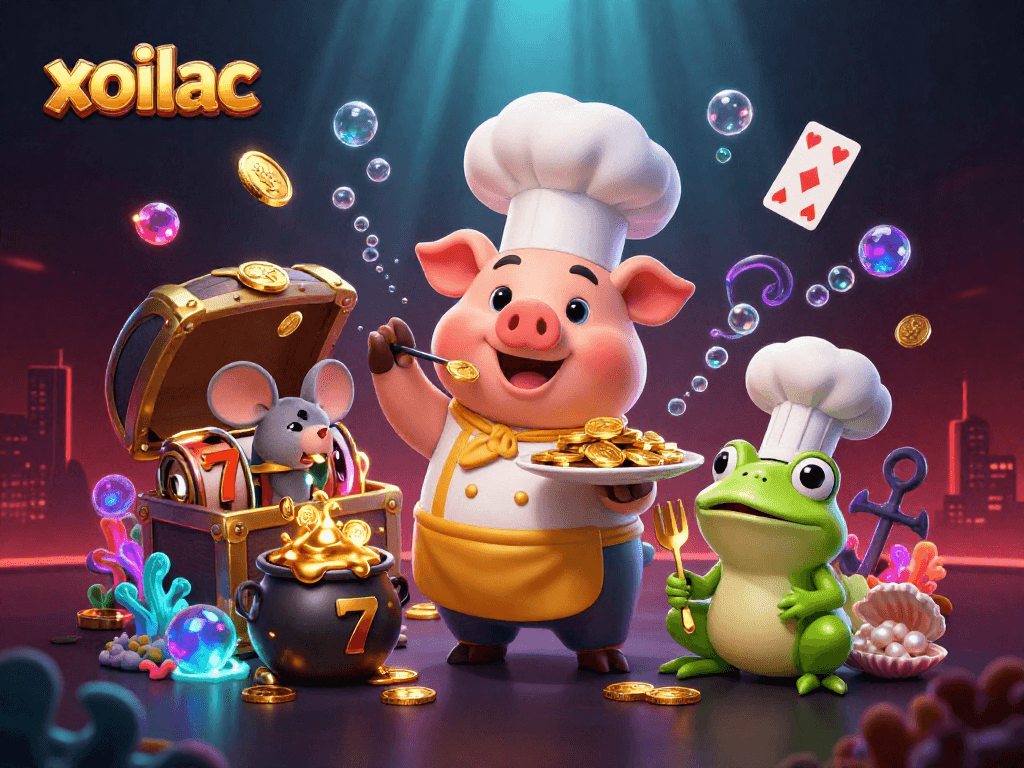 Xoilac showcases a vibrant casino scene with a chef pig serving gold coins, surrounded by slots and underwater treasures.