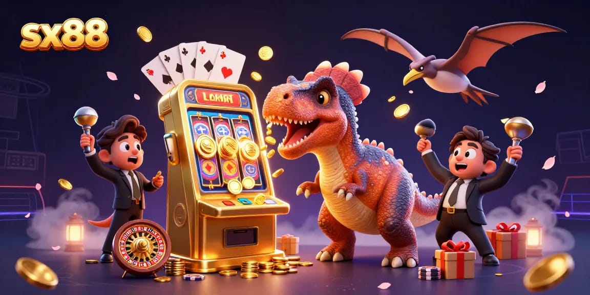 SX88's thrilling jackpot scene with a pachycephalosaurus winning coins at a vibrant casino slot.