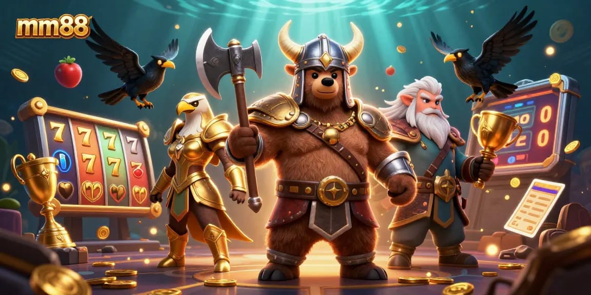 Win at mm88 with vibrant 3D casino characters, spinning slot reels, and immersive gaming energy