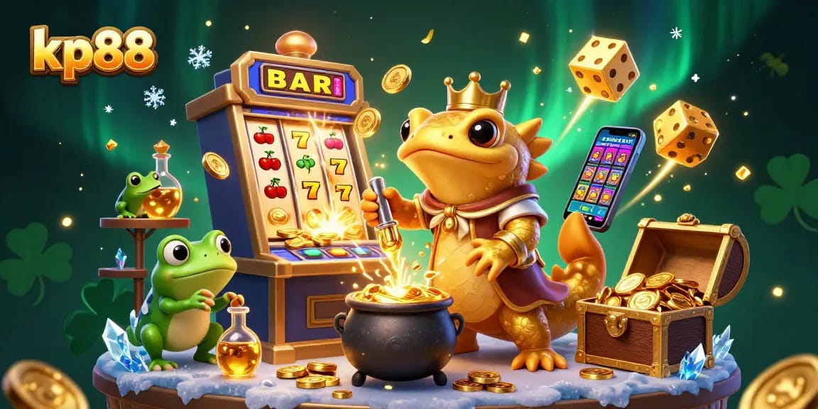 Win big at kp88 with golden coins and vibrant casino games in a magical illustration.