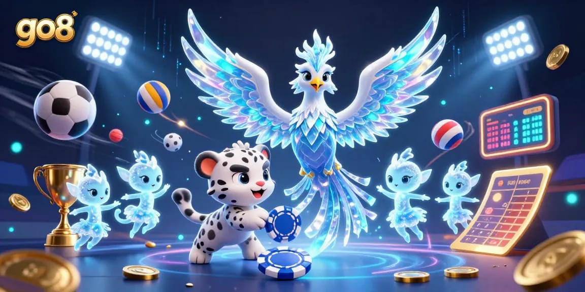 Engage with go8's captivating ice phoenix and playful snow leopard in a vibrant casino-themed scene.