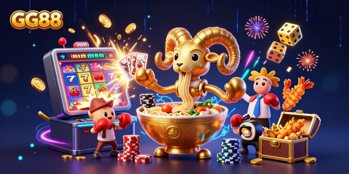 Experience excitement at GG88 with vibrant scenes of an animated casino featuring lively characters and jackpots.