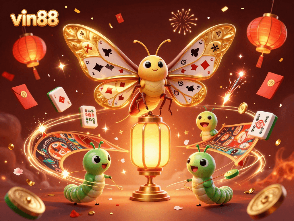 Engage with vin88 at this vibrant casino scene featuring a majestic atlas moth amidst fireworks and festive elements.