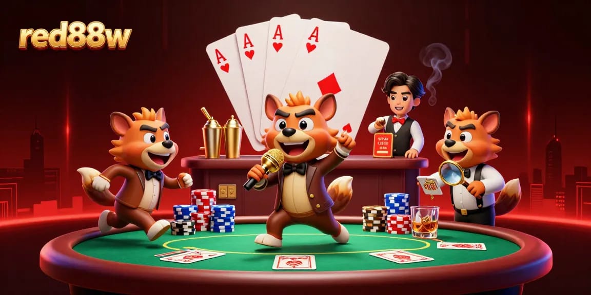 Experience the excitement of red88w with hyenas in a lively casino scene, showcasing poker elements and vibrant colors.
