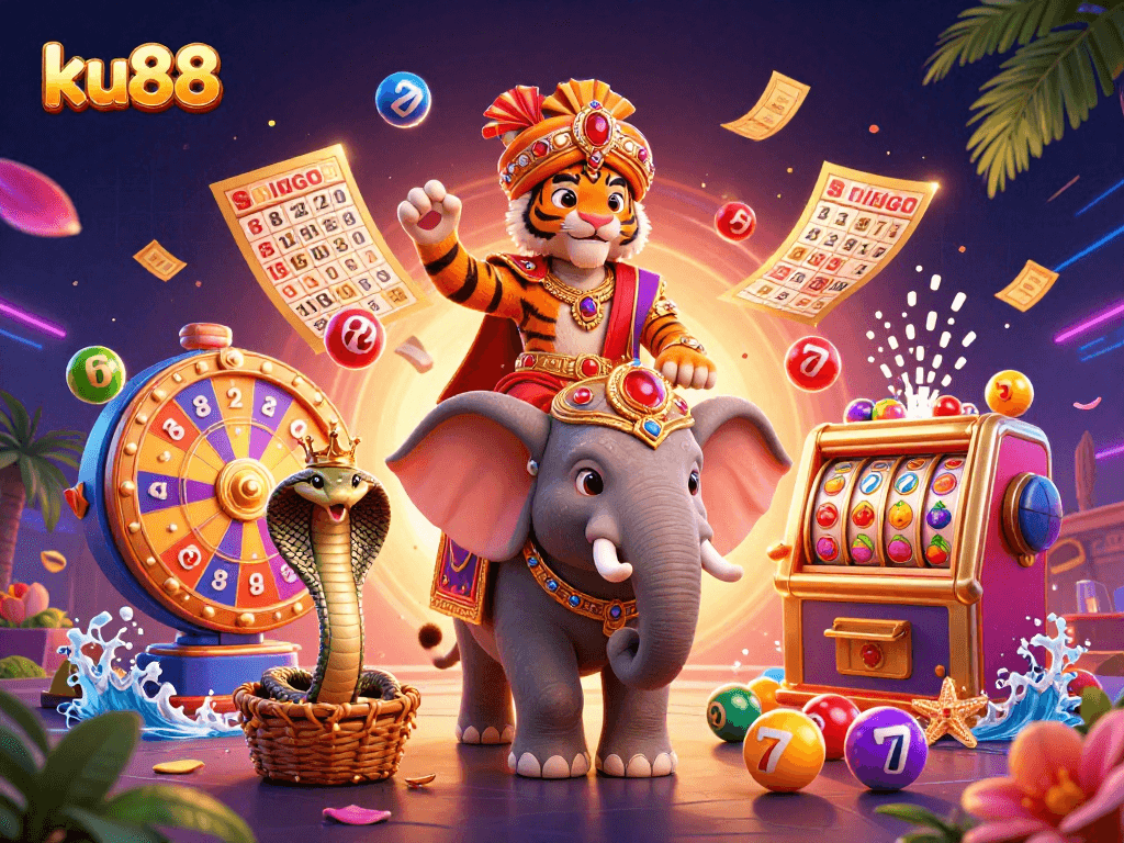 Engage with ku88's vibrant casino world featuring a maharaja tiger, elephant, and exciting game elements.
