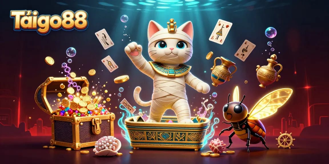 Tải go88 with Egyptian mummy cat and a scarab beetle, showcasing exciting gambling activities in a vibrant pyramid casino.