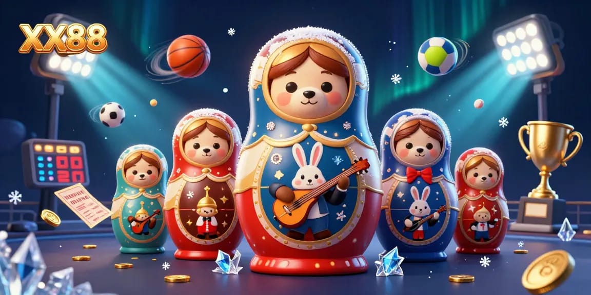 Experience thrilling moments with XX88 as a colorful cartoon Matryoshka bear and casino elements blend in a vibrant illustration.