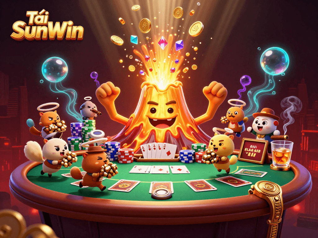 Tải SunWin showcases a vibrant 3D scene with a triumphant volcano and treasure-seeking animals in a poker-themed setting.