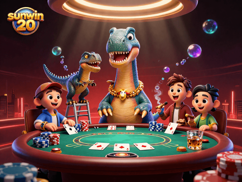 Engage with sunwin 20 poker action featuring a giant brontosaurus overseeing a vibrant casino scene