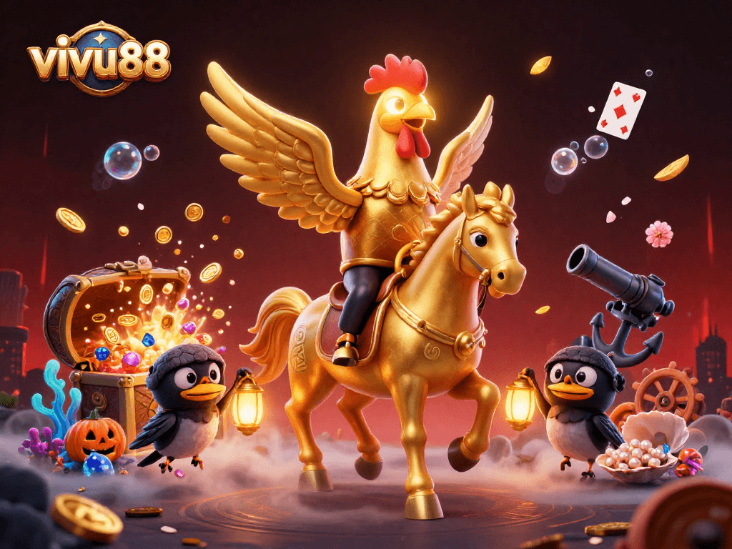 Engage with vivu88 in this vibrant casino scene featuring a golden rooster and lantern-carrying crows.