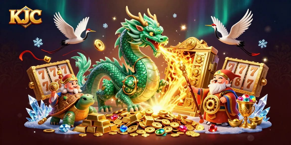 KJC showcases players winning rewards with a jade dragon and whimsical characters in a vibrant casino scene.