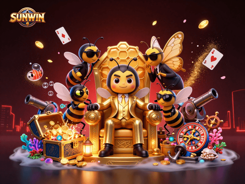 SUNWIN showcases a cartoon mob boss overseeing a vibrant casino scene filled with treasures and games.