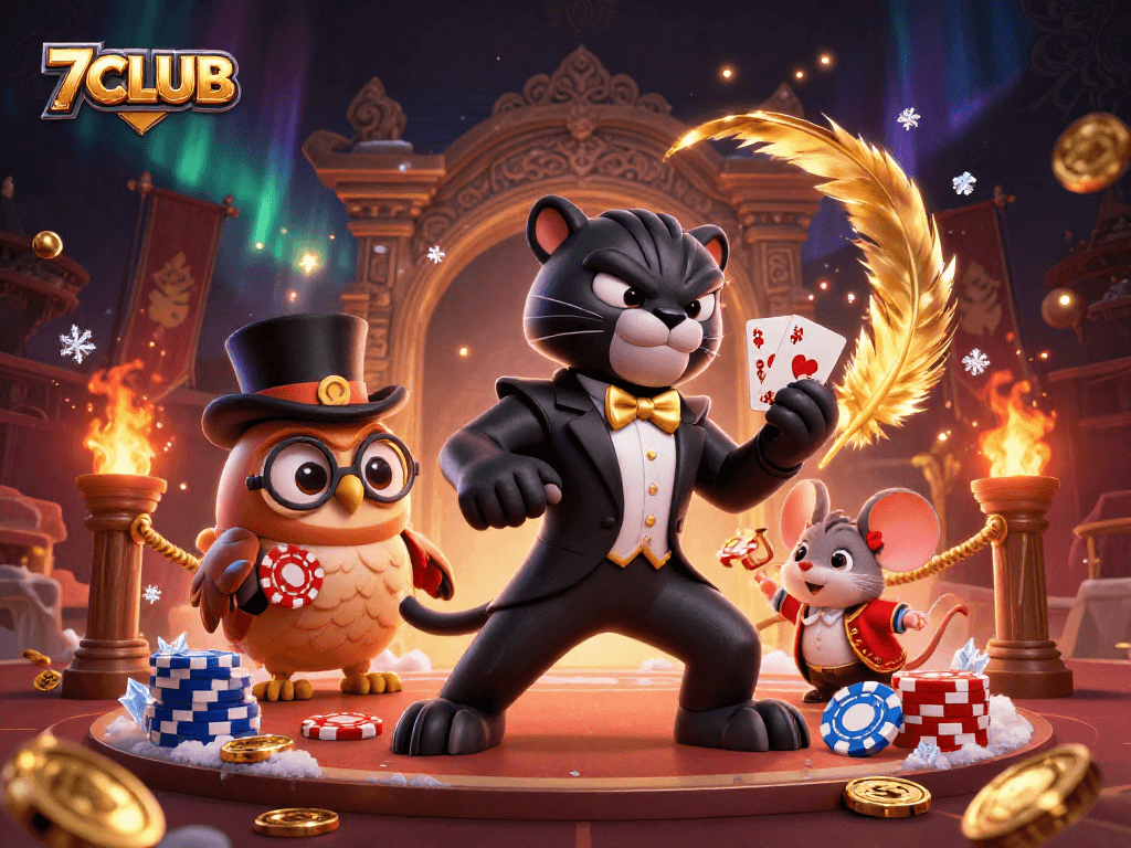 Engage with the vibrant action at 7CLUB casino, featuring a stylish black panther dealer and playful characters.