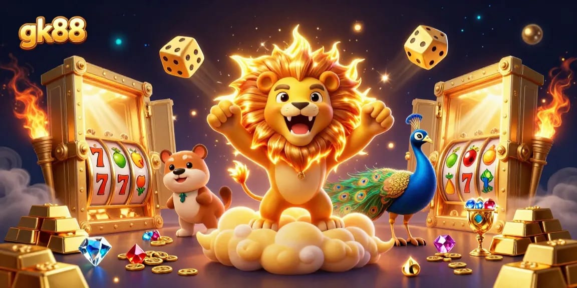 Experience thrilling wins with gk88 at our vibrant online casino, featuring a roaring sun lion and golden treasures.