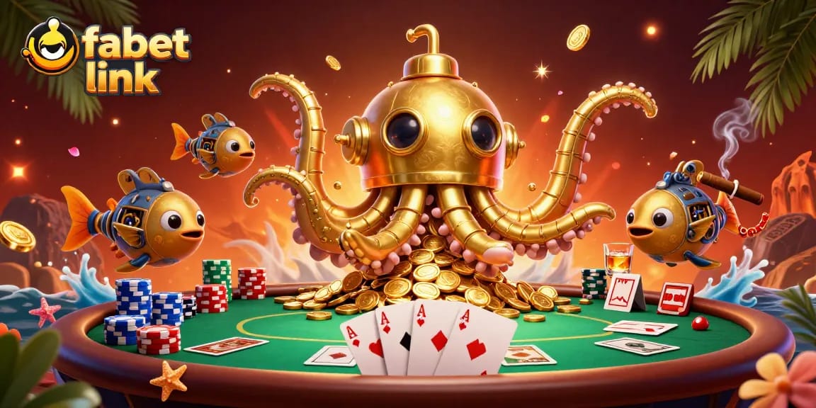 Experience the thrill of gaming at fabet link with a golden kraken submarine amidst poker excitement.