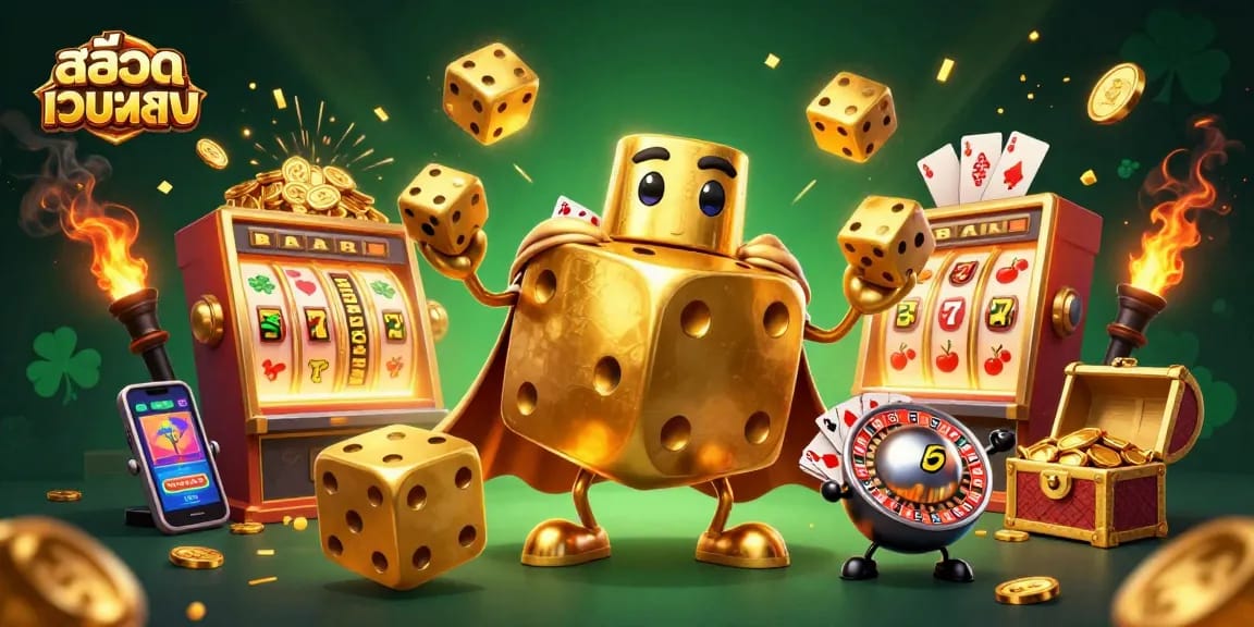 Play สล็อตเว็บตรง with a vibrant 3D casino illustration featuring dynamic slot elements and lucky symbols.