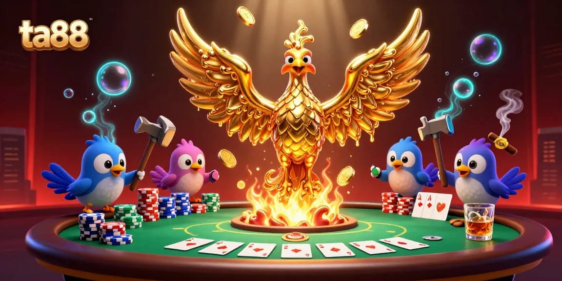 Bet big with the ta88 golden phoenix, showcasing an exciting poker game environment.
