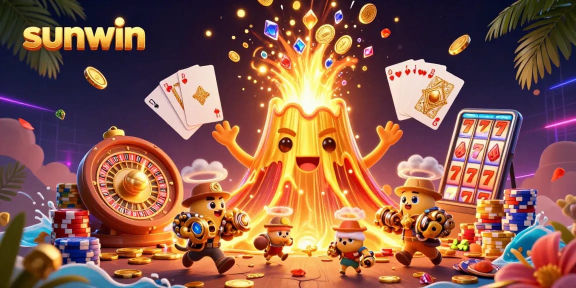 Win big at sunwin with golden treasures erupting from a charismatic volcano in this vibrant casino scene.