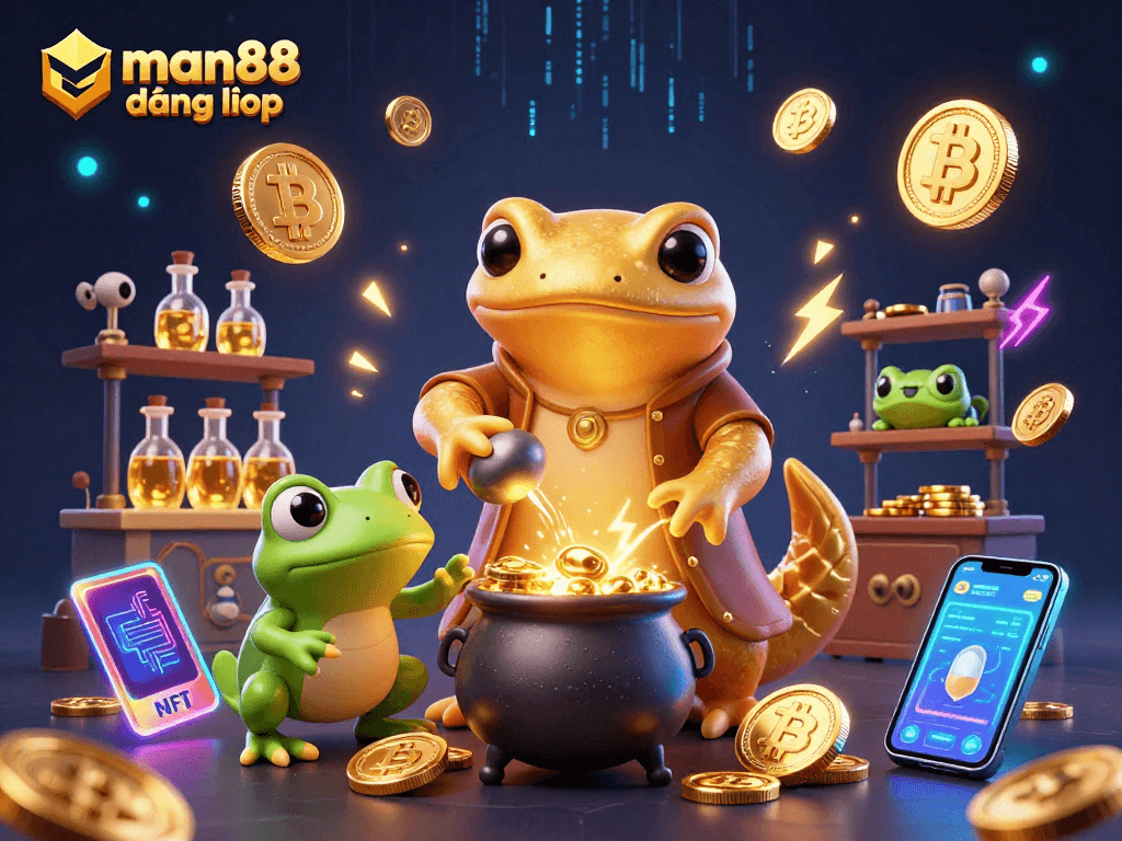 Join the casino adventure at man88 đăng nhập with gold coins and crypto elements in a dynamic scene.