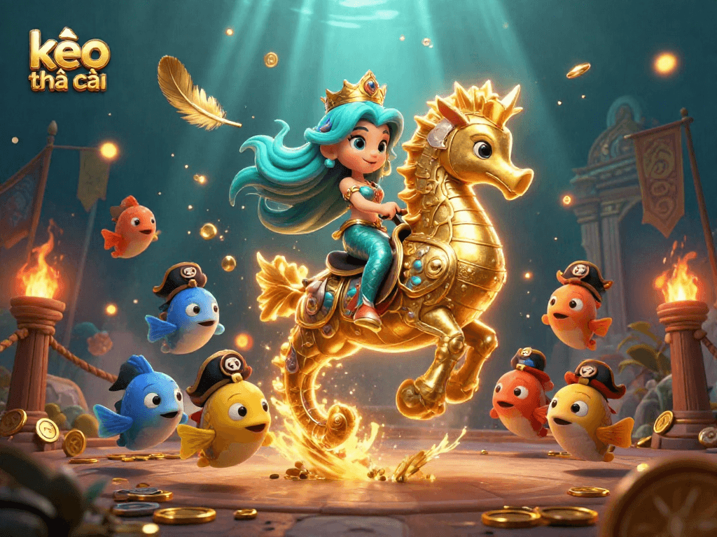 Engage with kèo nhà cái in a vibrant underwater casino scene featuring a mermaid princess, golden seahorse, and colorful fish.