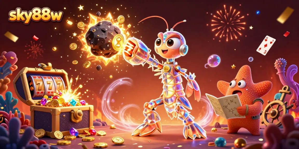Experience thrilling gameplay with sky88w featuring a galactic samurai mantis shrimp within vibrant casino elements.