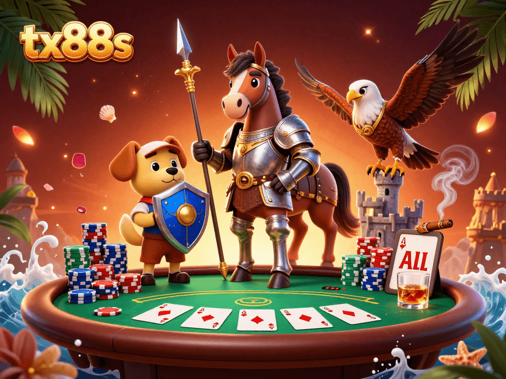 Engage in thrilling poker action with TX88S featuring knights and vibrant casino elements.