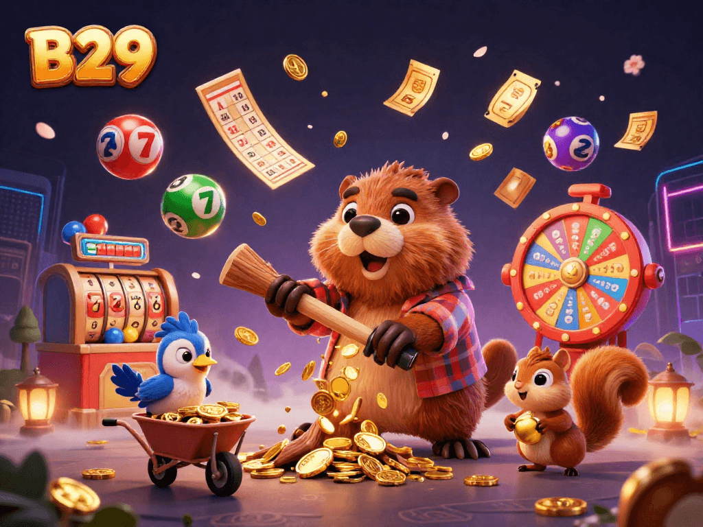 B29 engages players with exciting slot games and golden coin rewards in an animated casino scene.
