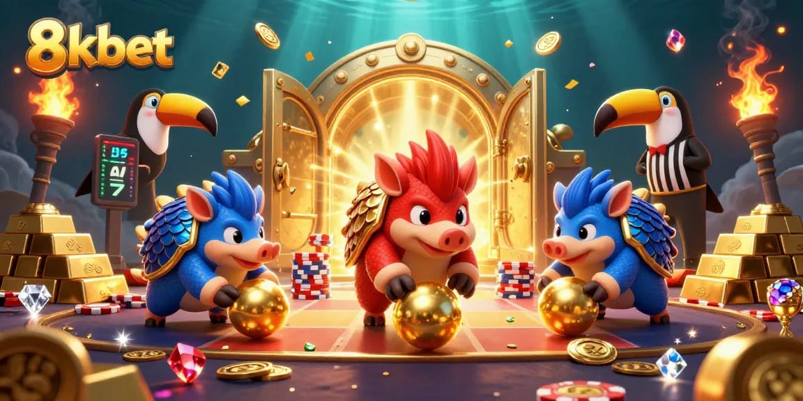 Compete in thrilling games with 8kbet's vibrant casino atmosphere, featuring lively pangolins and colorful poker chips.