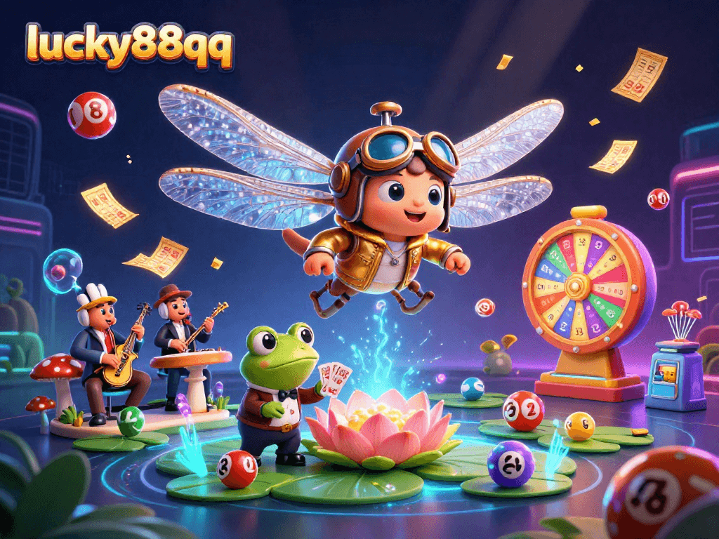 Engage with lucky88qq's vibrant casino scene featuring a dragonfly pilot and a frog croupier