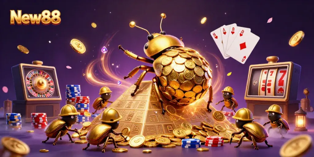 New88 showcases a golden dung beetle rolling coins in a vibrant casino atmosphere, surrounded by game elements.