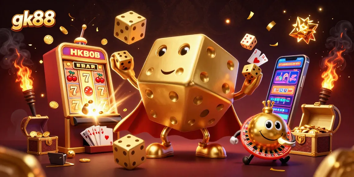 Engage with gk88's vibrant 3D casino scene, showcasing a dynamic golden dice golem and joyful game elements.