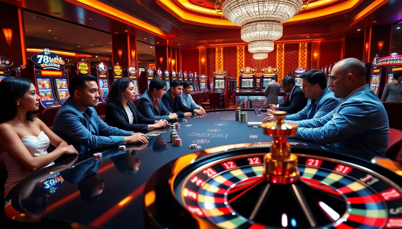 Experience the thrill at 78WIN casino with players enjoying strategic card games and vibrant slot machines.