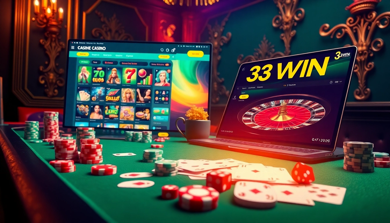 Experience thrilling games at 33WIN online casino with exciting poker chips and casino tables.