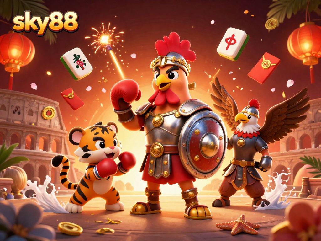 Experience exhilarating gameplay at sky88, featuring dynamic characters in a vibrant casino scene.