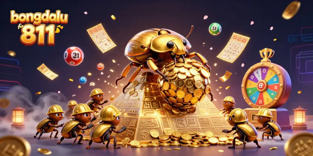 Engage with the thrilling world of bongdalu fun 811 as vibrant lottery elements and golden treasures come alive in this dynamic illustration.