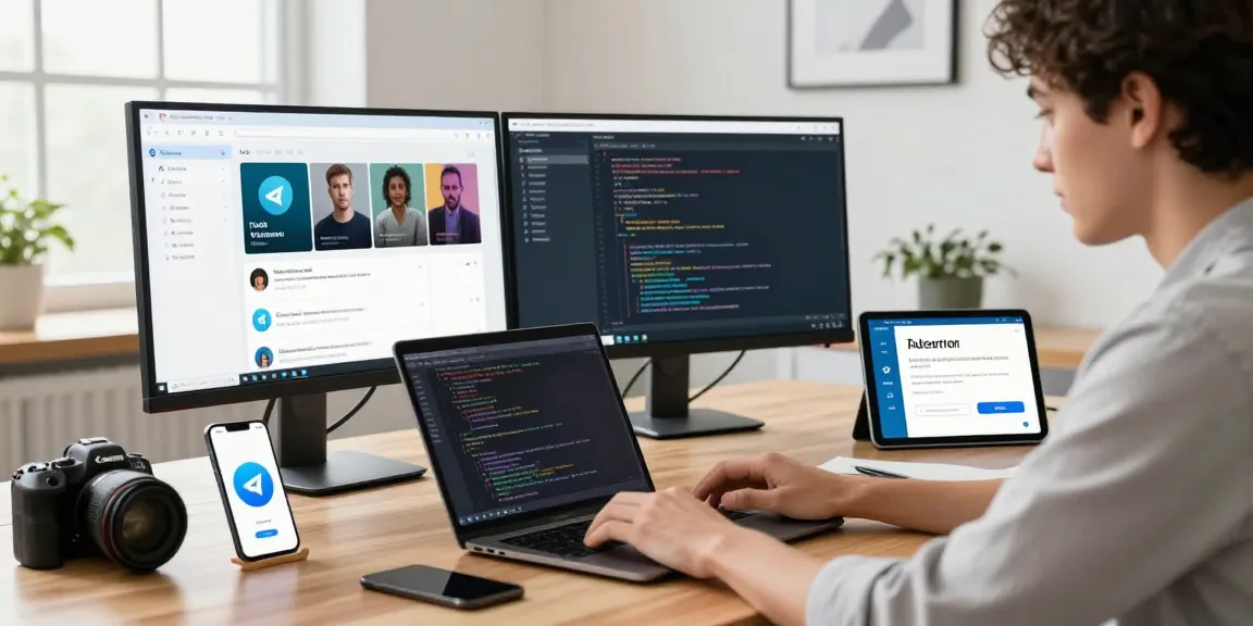 Focus on downloading Telegram in a modern tech workspace, highlighting vibrant interface and tools.