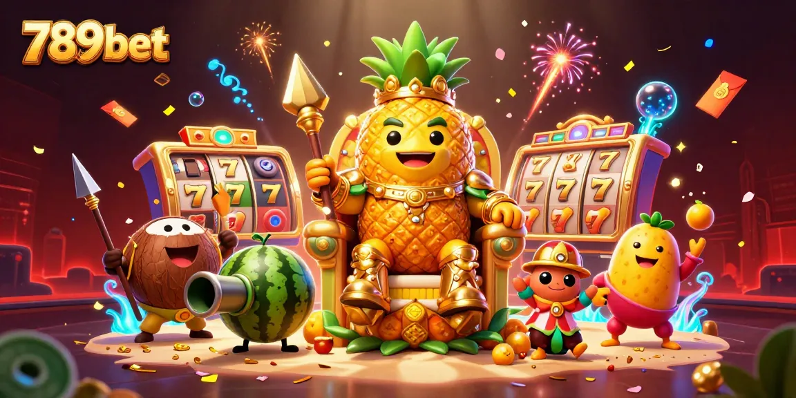 Experience the vibrant excitement of 789bet with a dynamic casino illustration featuring slots and a tropical king.