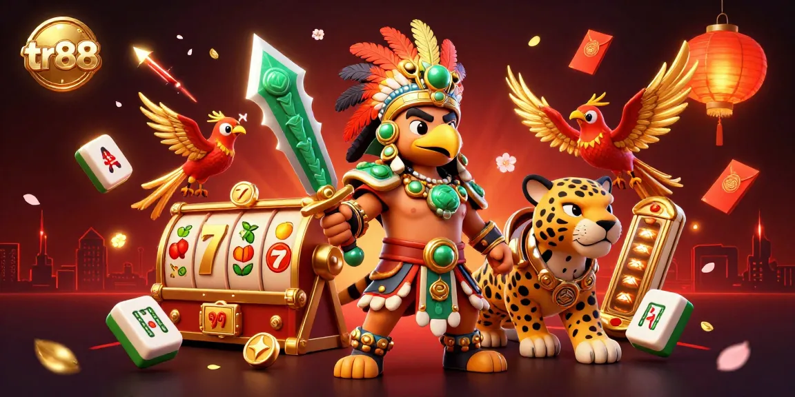 Experience exciting gambling action with tr88 in a vibrant 3D scene featuring an Aztec warrior and slot elements.