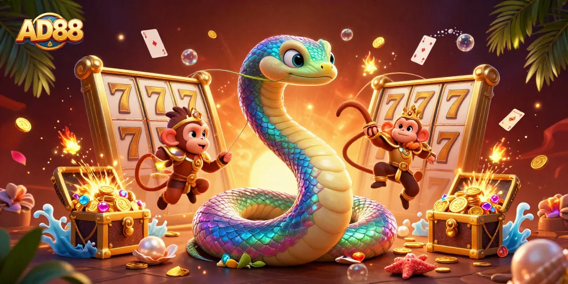 Experience thrills with AD88 in this dynamic casino illustration featuring vibrant characters and slot reels.