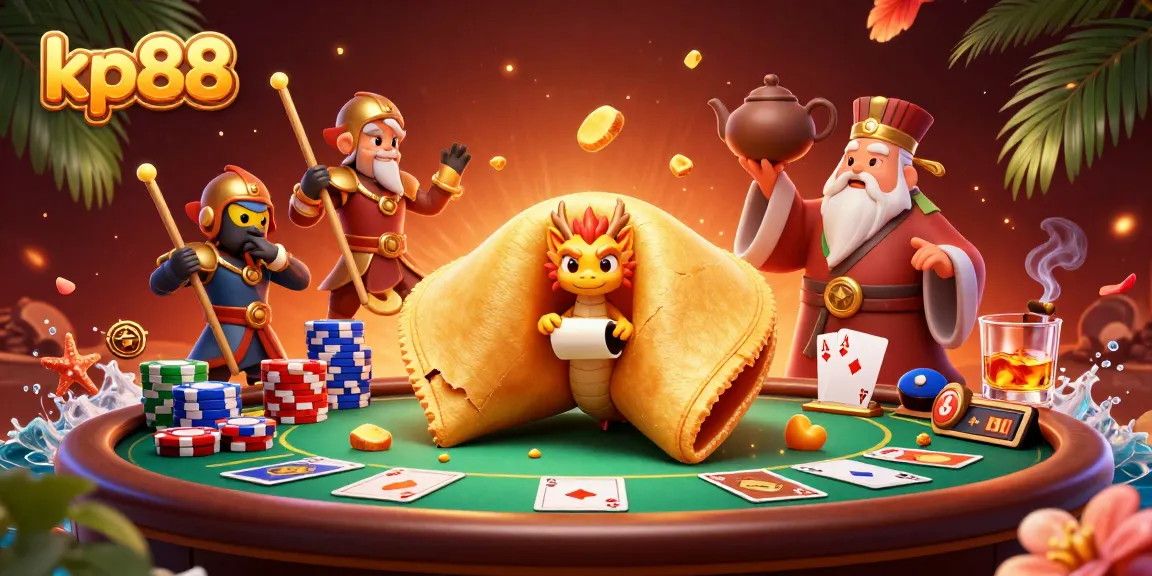 Engage in epic kp88 gambling battles with a golden fortune cookie, tiny dragon, and poker elements.