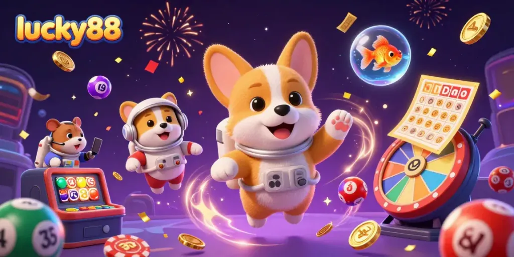 Experience thrilling games at lucky88 with a vibrant casino scene featuring playful characters in space.