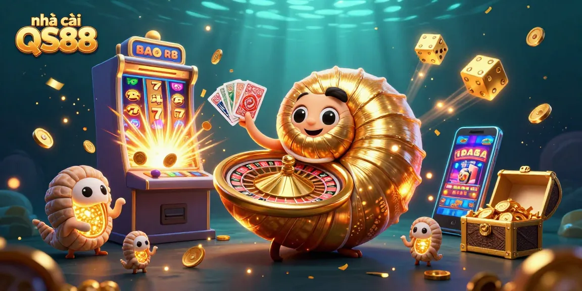 Engage with nhà cái QS88 in this vibrant casino scene featuring the giant nautilus and golden games.