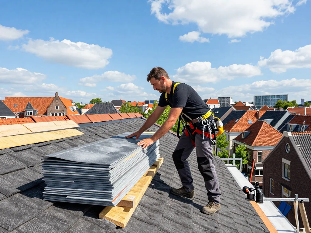 Een ervaren dakdekker Utrecht die een traditioneel dak inspecteert met moderne materialen in een levendige Utrechtse omgeving.