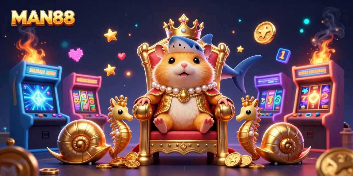 Engage in the vibrant world of MAN88 with a dynamic illustration showcasing a golden hamster king in a 3D cartoon casino setting.