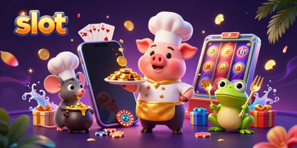 Engage in thrilling slot action with golden coins and colorful games in a vibrant casino scene.