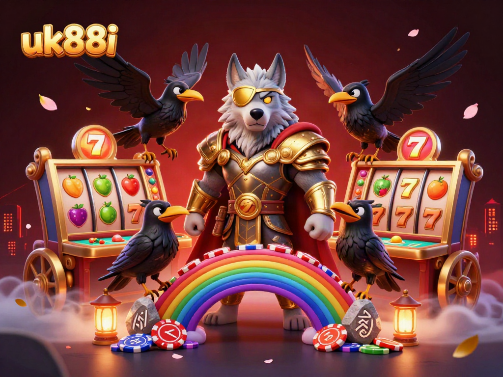 Engage with the vibrant uk88i casino scene featuring Odin and two ravens amidst rich gaming elements.
