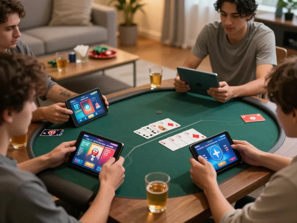 Nohu90 players strategizing in an inviting home atmosphere during an online poker session.
